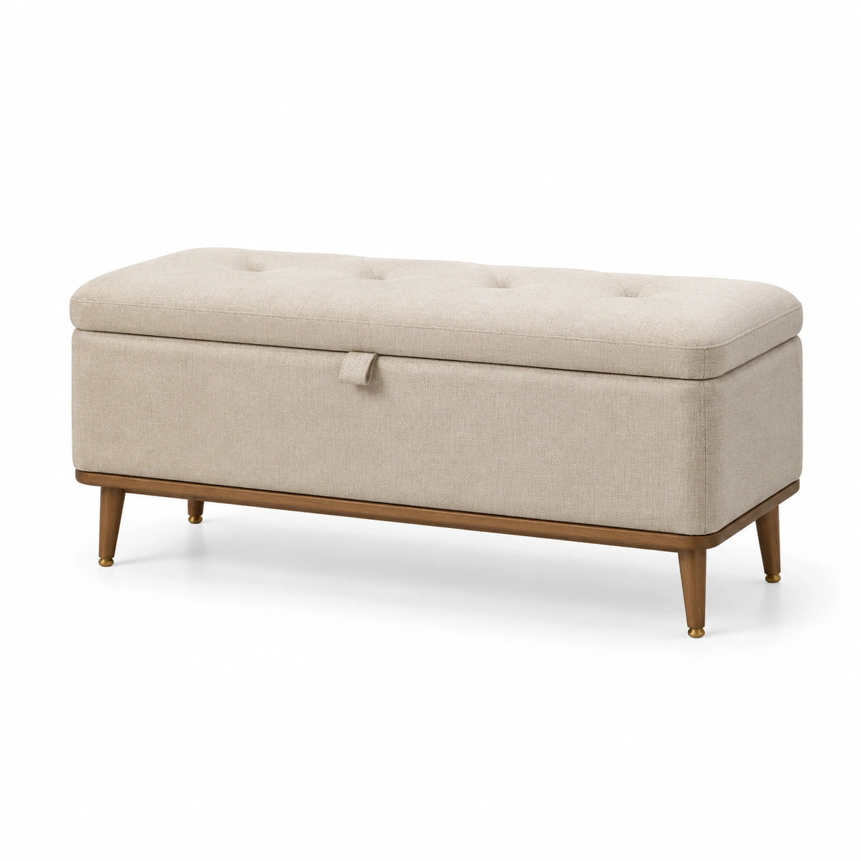Banc de rangement en tissu polyester avec pieds en bois