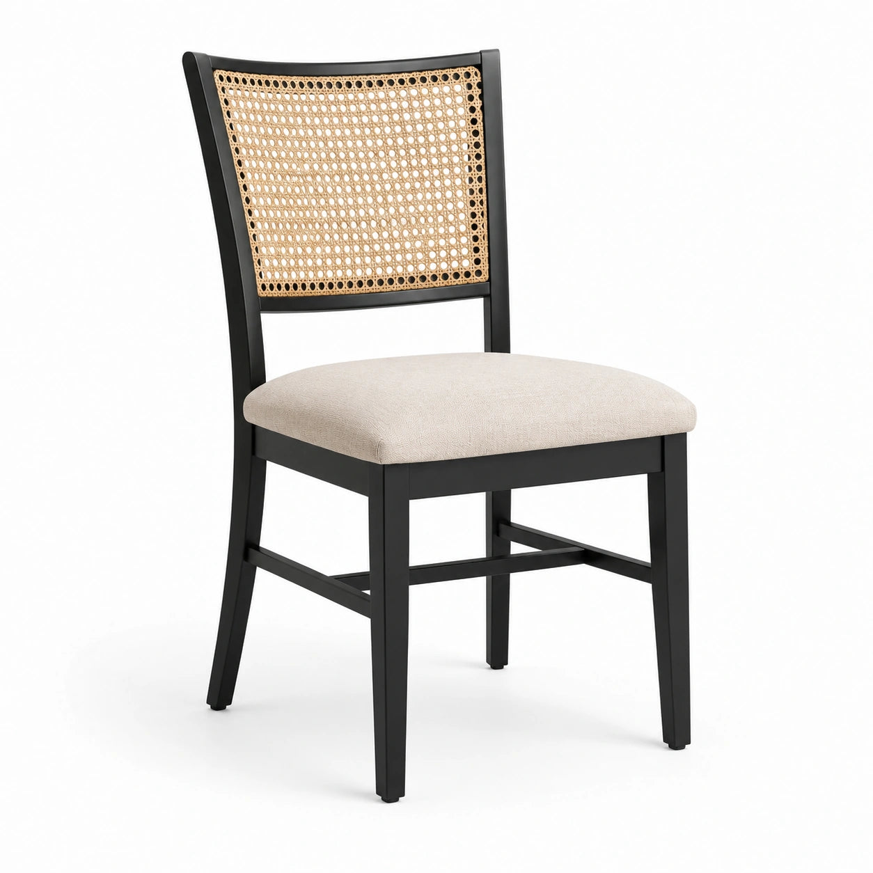 Chaise en bois noir avec dossier cannage et assise beige