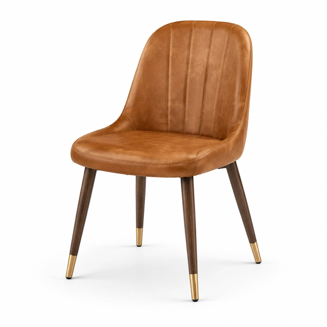 Chaise en cuir synthétique marron avec pieds en bois et embouts dorés