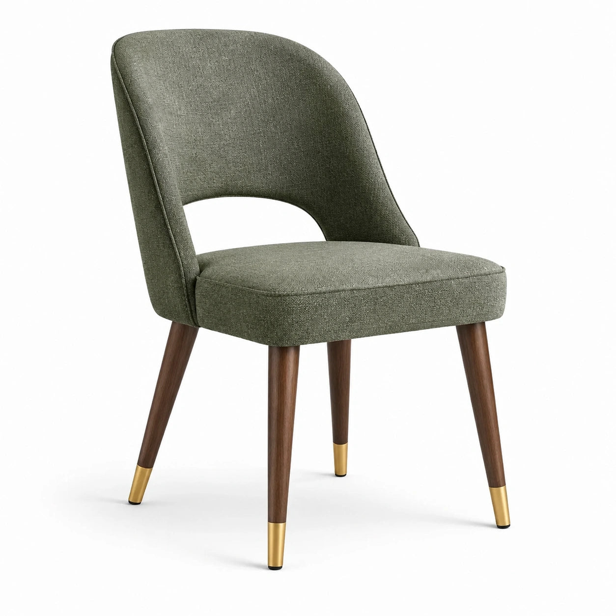 Chaise en bois avec tissu en polyester vert et embouts en métal