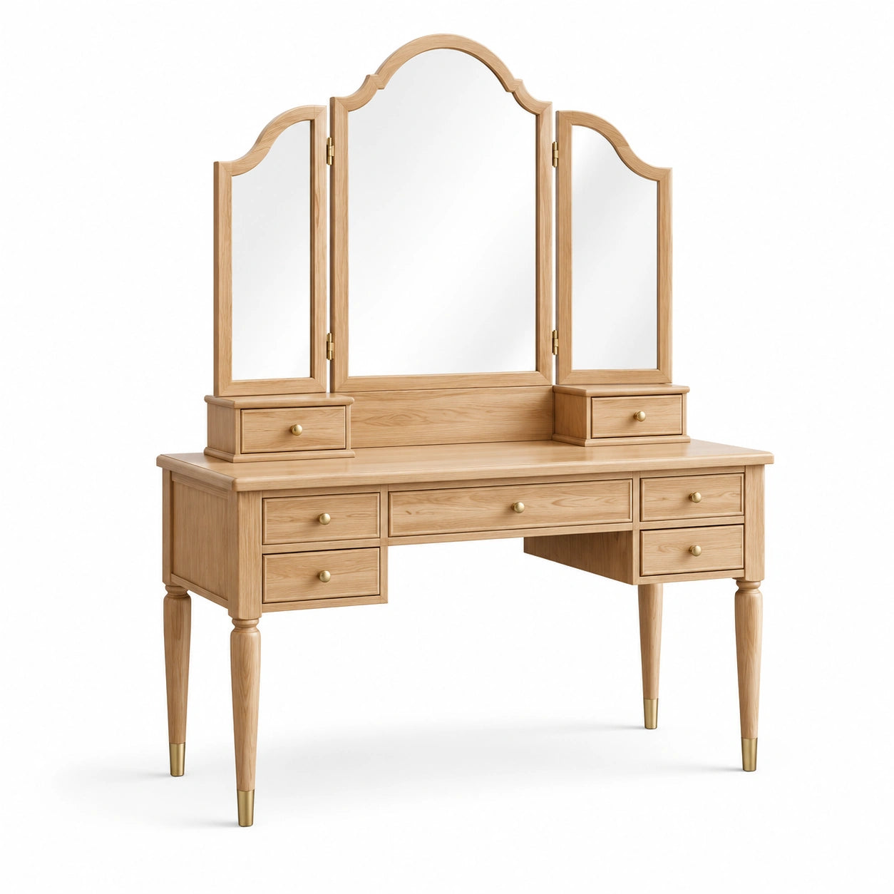 Coiffeuse en Bois avec Miroirs Trois Panneaux et Six Tiroirs Chêne Clair