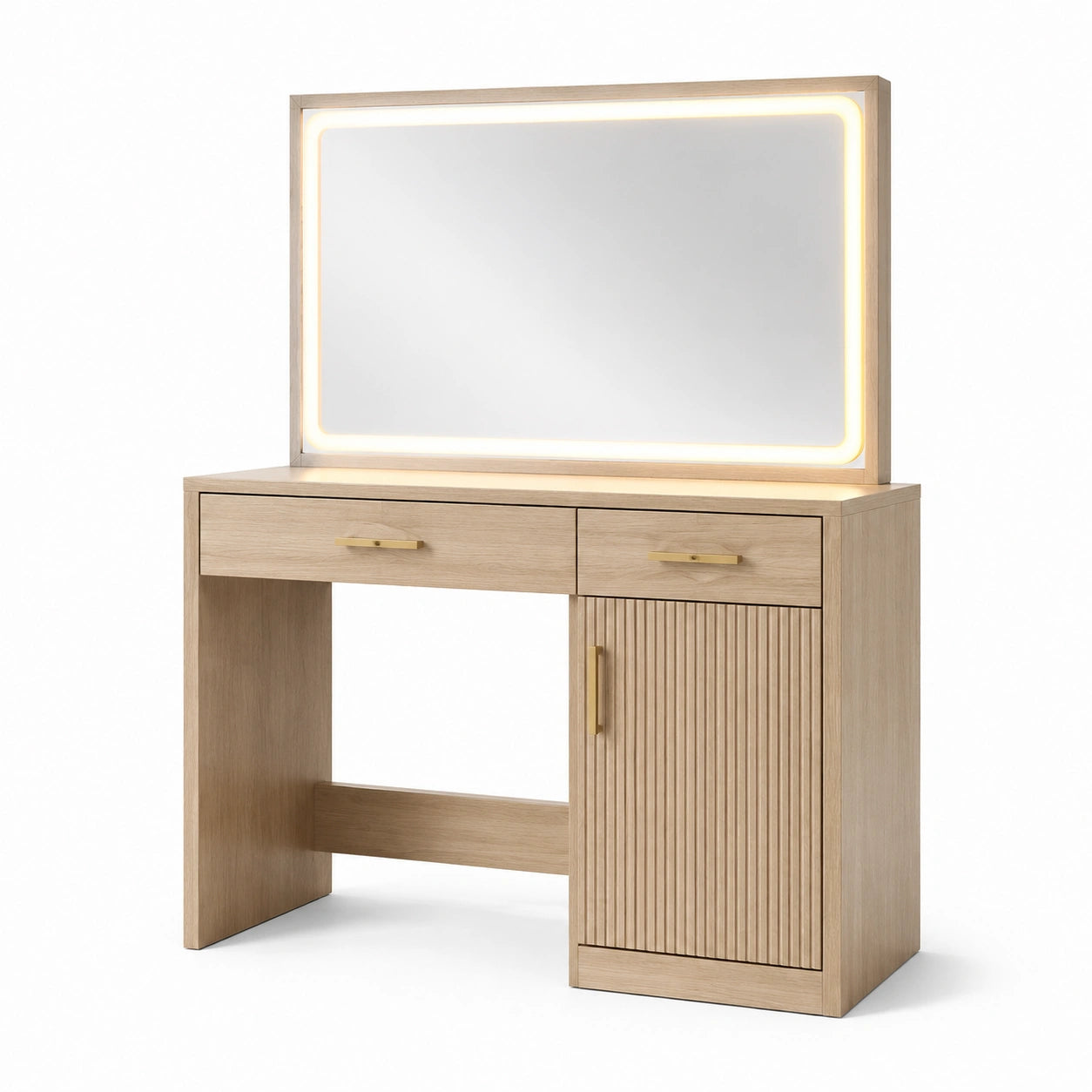 Coiffeuse en bois de chêne avec miroir en verre trempé et lumière LED