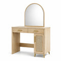 Coiffeuse en bois avec miroir arquée et porte en rotin
