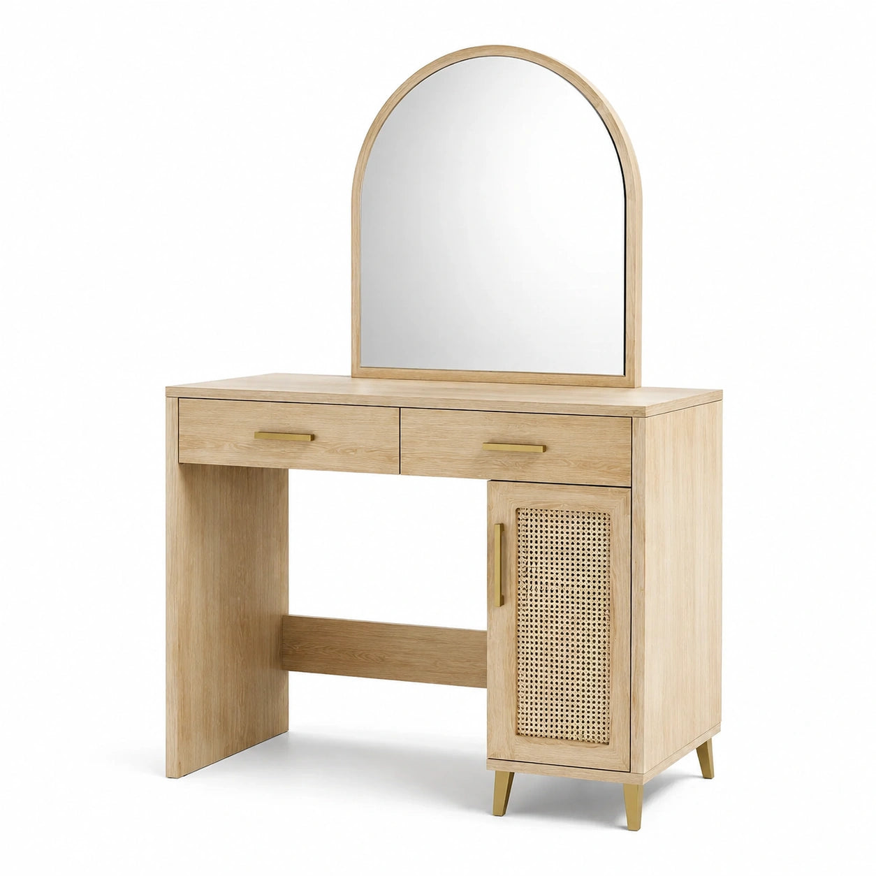 Coiffeuse en bois avec miroir arquée et porte en rotin