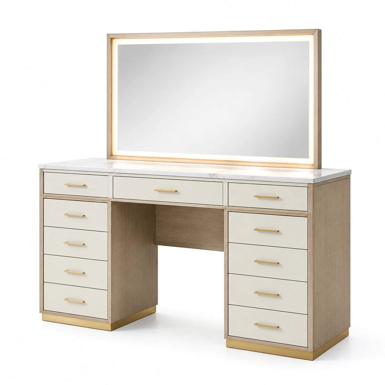 Coiffeuse en bois clair avec miroir LED et plateau en marbre