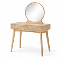 Coiffeuse en bois avec miroir rond et tiroir en rotin