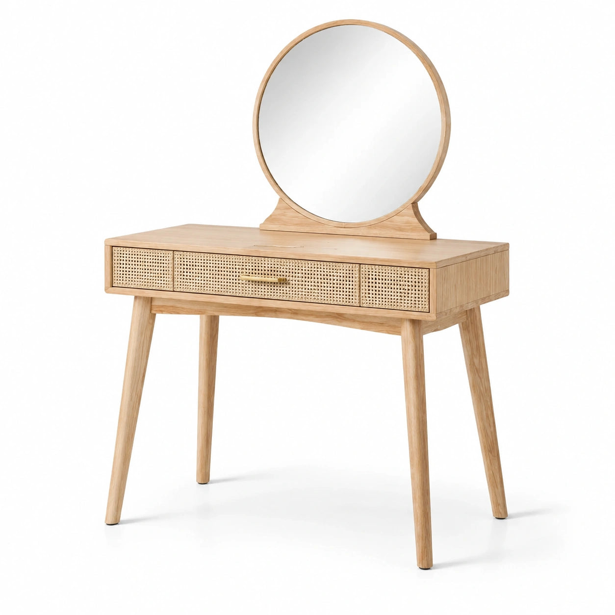 Coiffeuse en bois avec miroir rond et tiroir en rotin