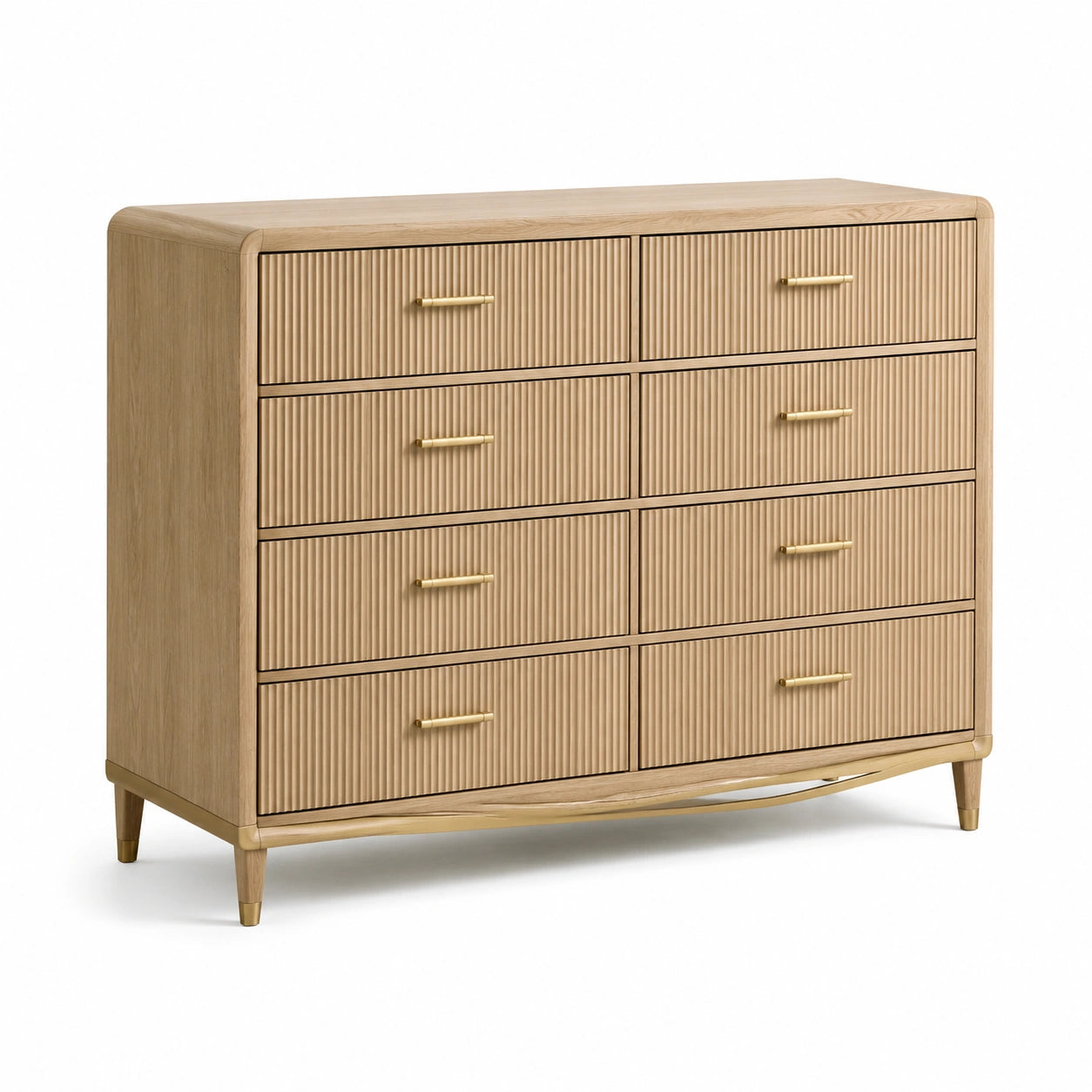 Commode en bois clair avec poignées en métal doré, 120cm x 45cm x 85cm