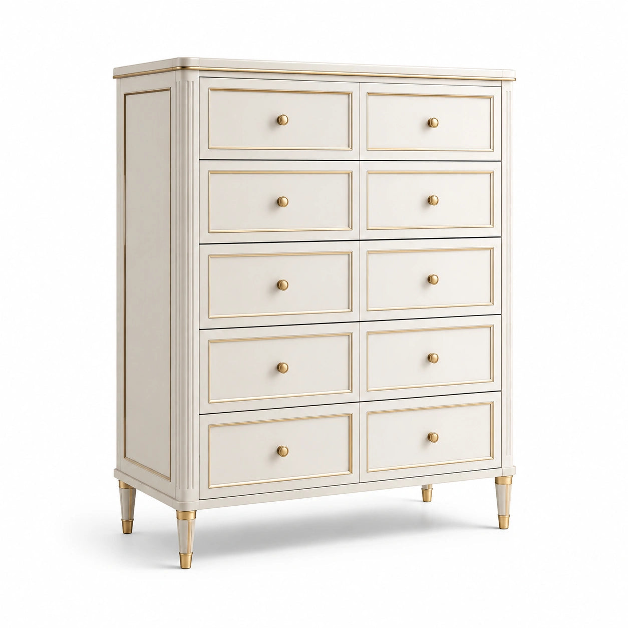 Commode 9 tiroirs bois et métal blanc/doré