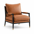 Fauteuil en cuir synthétique brun avec cadre en bois noir