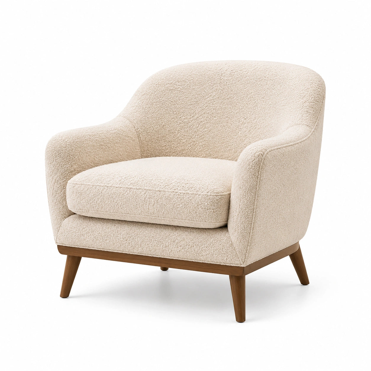 Fauteuil en laine bouclée beige avec pieds en bois massif