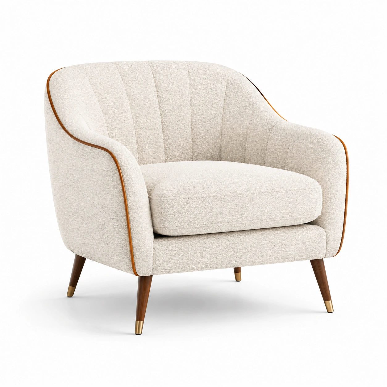 Fauteuil en tissu bouclé beige avec pieds en bois