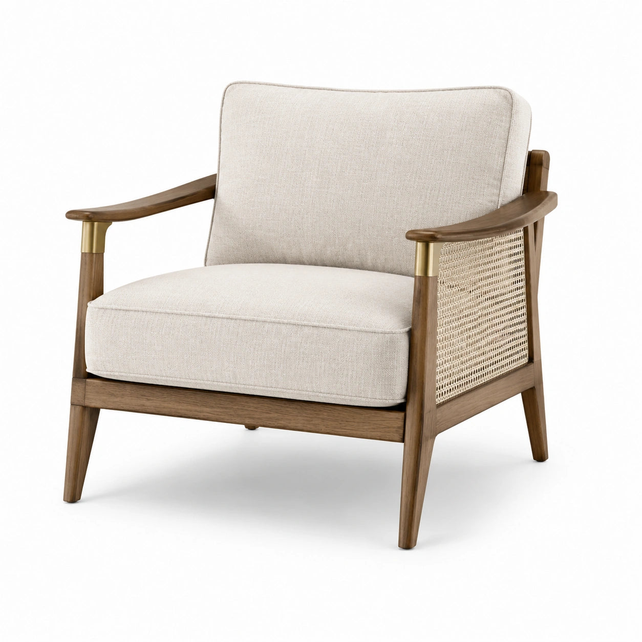 Fauteuil en bois avec coussin en polyester beige et dossier en cannage
