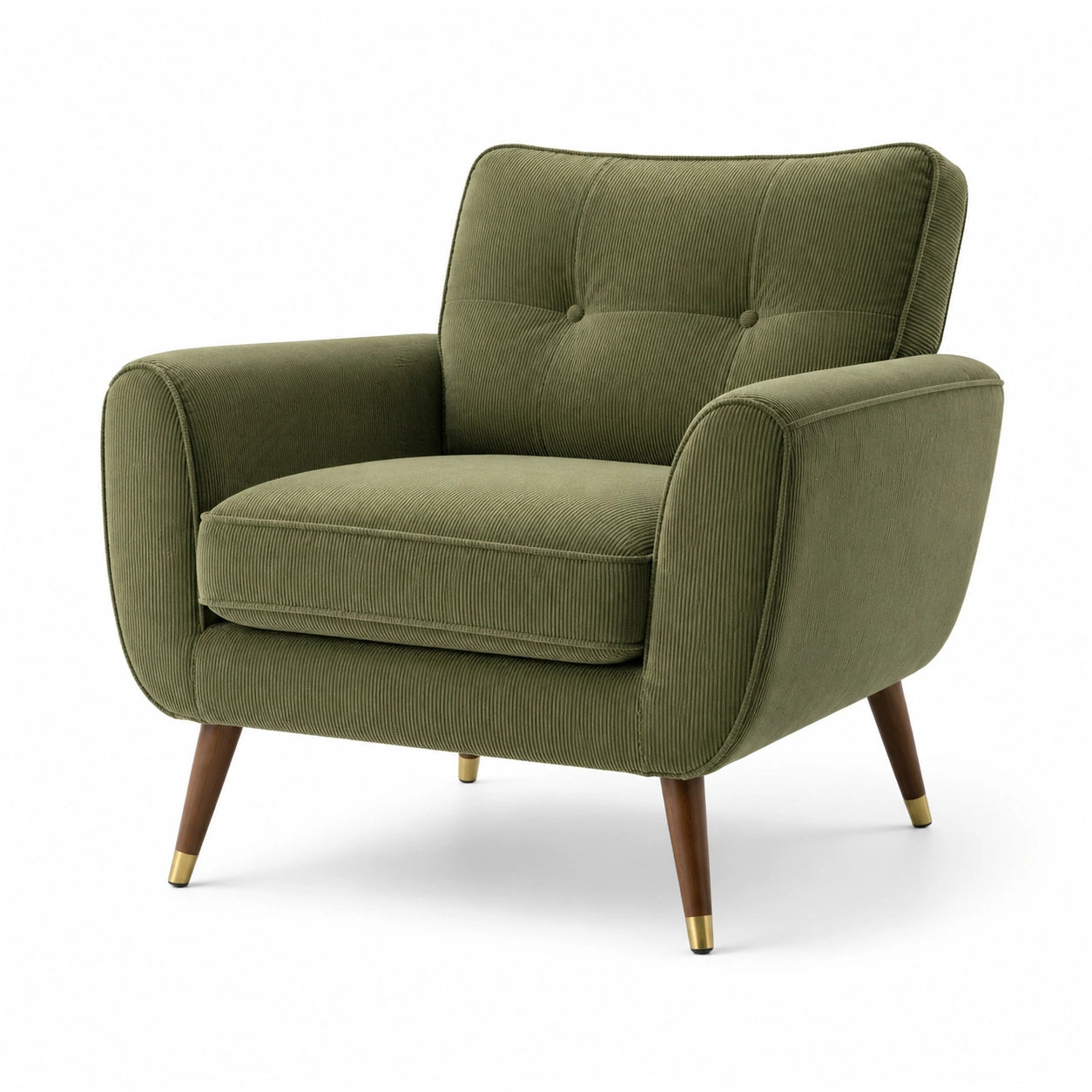 Fauteuil en velours côtelé vert olive avec pieds en bois