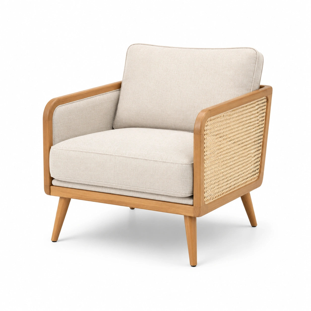 Fauteuil en bois avec accoudoirs en rotin et lin beige