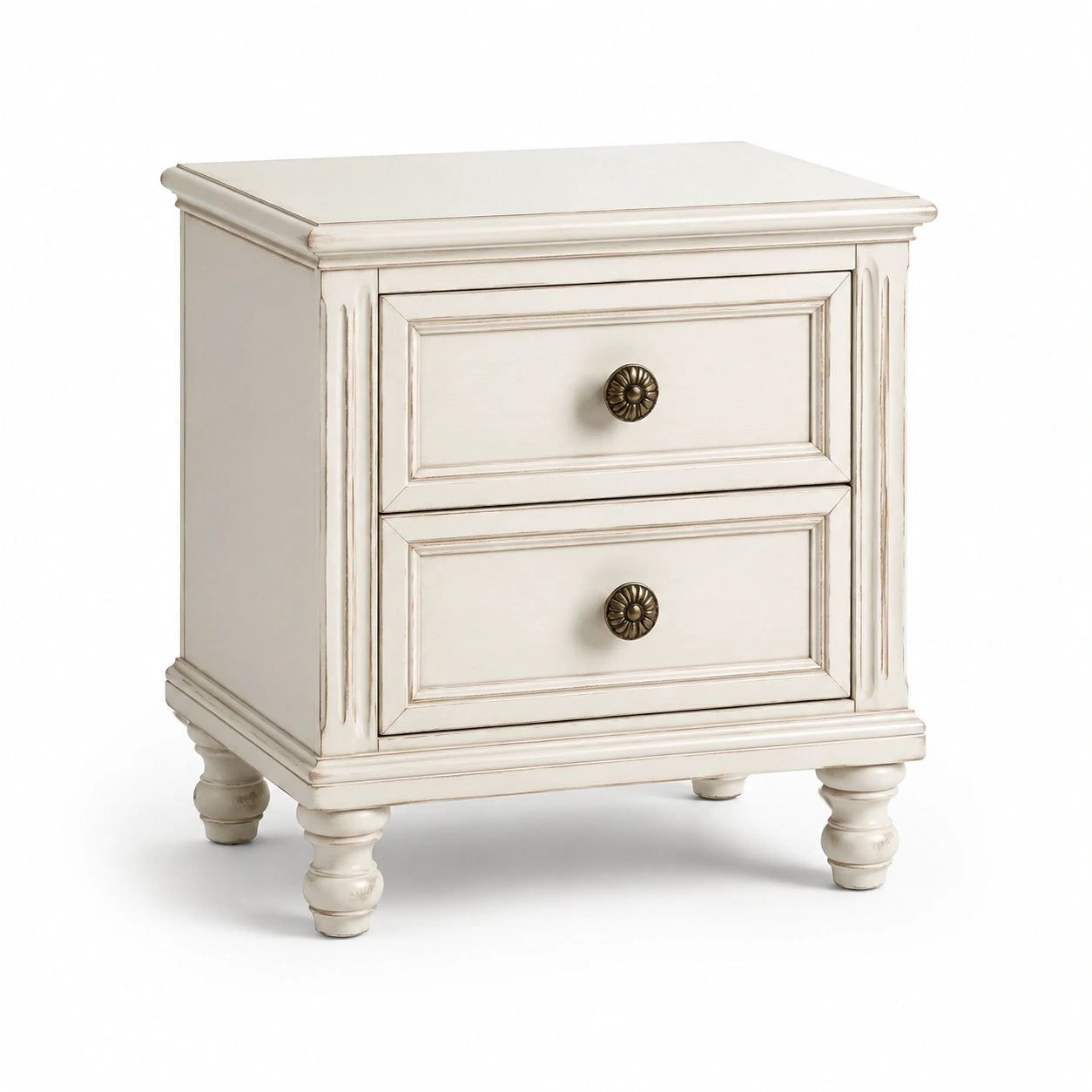 Table de chevet en bois avec 2 tiroirs, blanc cassé