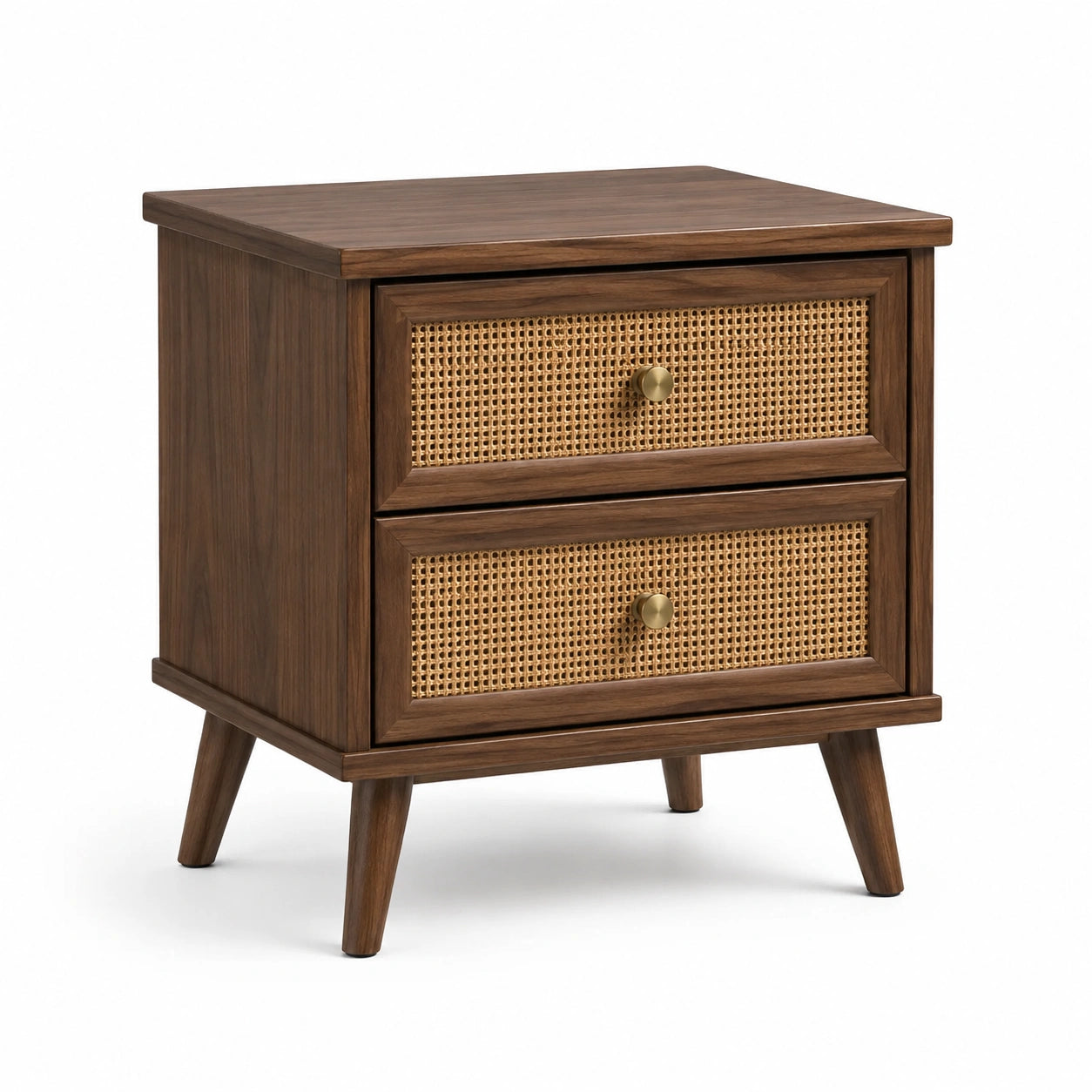 Table de chevet en bois et rotin avec deux tiroirs