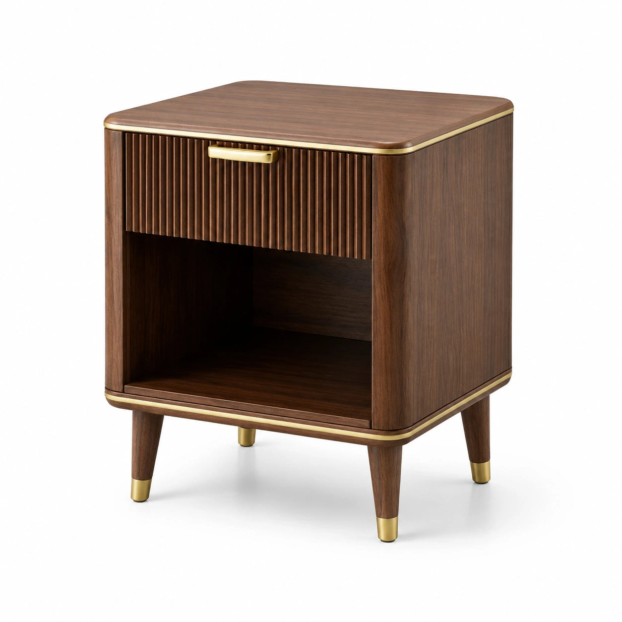 Table de chevet en bois avec accents métalliques dorés